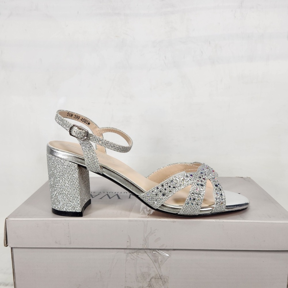 Touch Ups Ivy Sandal Women Size 5.5 Silver Glitter Rhinestone Block Heel